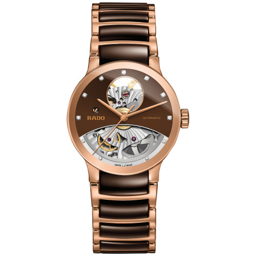 Women's Swiss Automatic Centrix Diamond Accent Rose Gold-Tone PVD Stainless Steel & Brown Ceramic Bracelet Watch 33mm R30248712