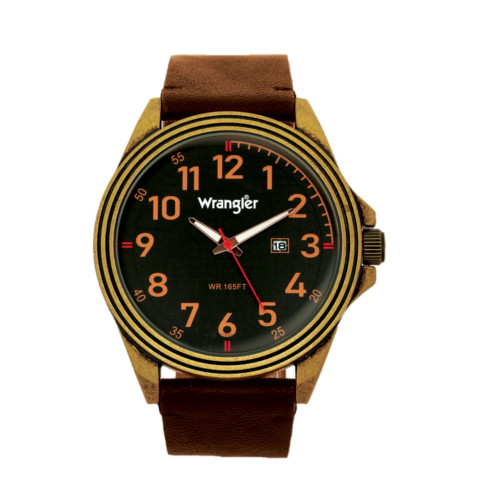 Men's, 48MM Antique Brass Case, Black Dial, Bronze Arabic Numerals, Black Strap, Analog Watch with Red Second Hand, Date Function