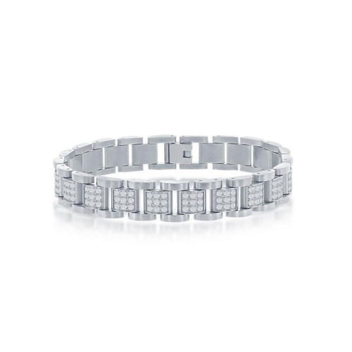 Mens Stainless Steel CZ Square Link Bracelet