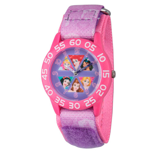Disney Princess Cinderella, Rapunzel, Ariel, Jasmine, Snow White and Belle Girls' Pink Plastic Time Teacher Watch