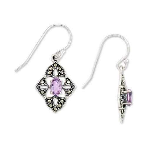 Amethyst (1/2 ct. t.w.) &  Marcasite Flower Drop Earrings in Sterling Silver