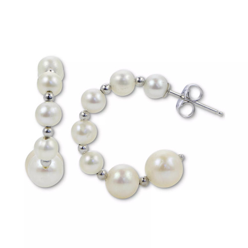 Cultured Freshwater Pearl (4-8mm) & Polished Bead Graduated Hoop Earrings