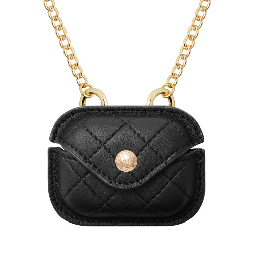Women's Black Faux Leather Holder with Gold-Tone Alloy Chain