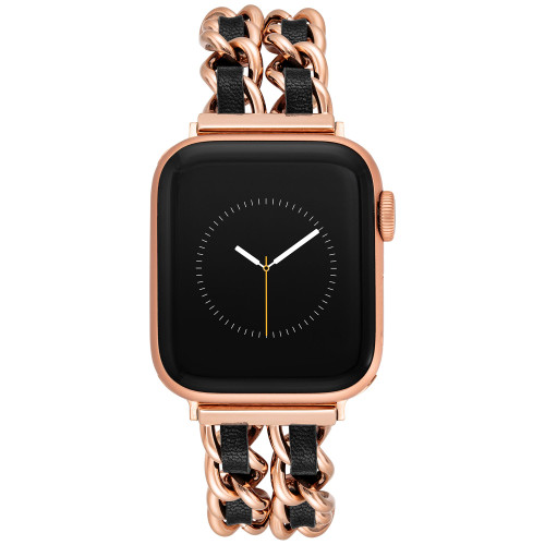 Double Black Leather & Gold-Tone Chain Bracelet For Apple Watch® 38mm/40mm/41mm