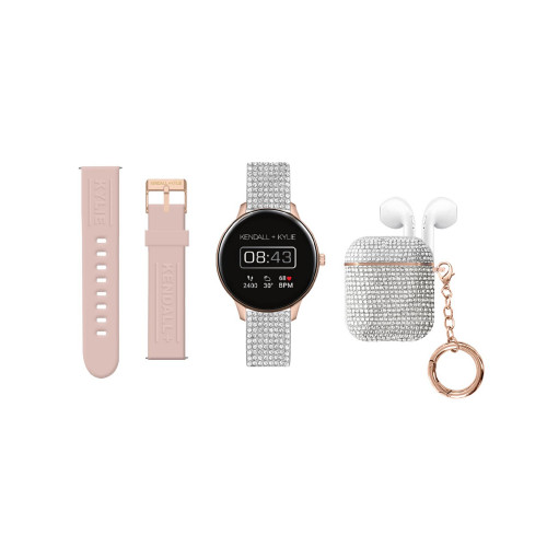 Women's Blush, Silver-Tone Silicone Strap Smartwatch with Earbud 43mm Set- 3 Pieces