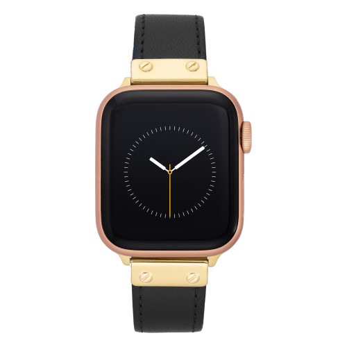 Women's Black Genuine Leather Strap with Gold-Tone Stainless Steel Accents for Apple Watch, Compatible with 42mm, 44mm, 45mm