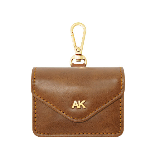 Women's Honey Brown Faux Leather Holder with Gold-Tone Alloy AK Symbol and Matching Carabiner Clip