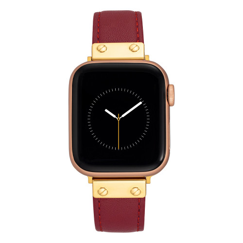 Women's Red Genuine Leather Strap with Gold-Tone Stainless Steel Accents for Apple Watch, Compatible with 42mm, 44mm, 45mm
