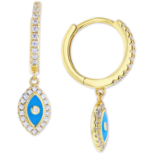 Cubic Zirconia & Blue Enamel Evil Eye Dangle Hoop Earrings in 14k Gold-Plated Sterling Silver