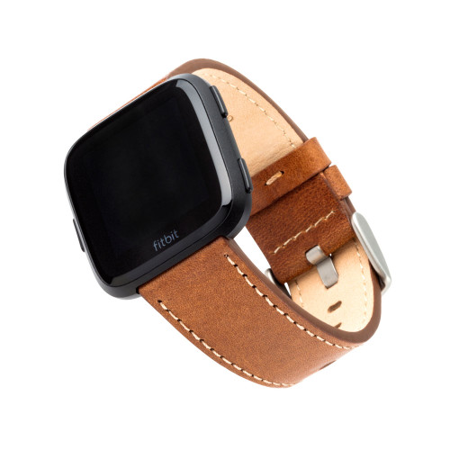 Brown Premium Leather Band with White Stitching Compatible with the Fitbit Versa and Fitbit Versa 2