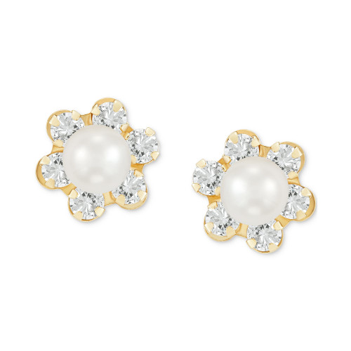 Children's Cultured Freshwater Pearl (3-3/4 mm) and Cubic Zirconia Stud Earrings in 14k Gold