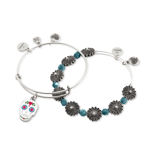 Silver-Tone 2-Pc. Set Sugar Skull Charm & Wildflower Beaded Expandable Bangle Bracelets