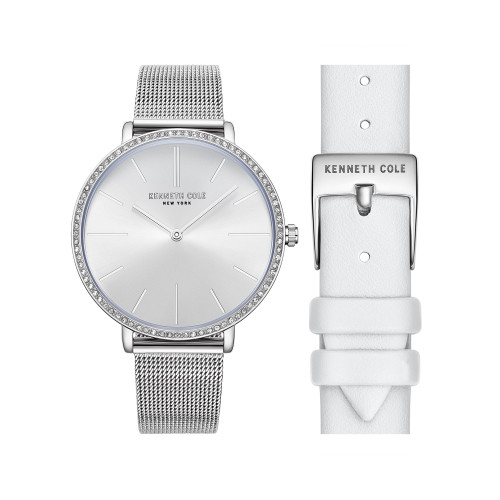 Women's Quartz Classic Slim Silver-Tone Stainless Steel and Genuine Leather Watch 38mm Gift Set, 2 Pieces