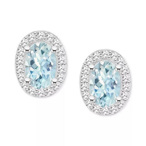 Aquamarine (3/4 ct. t.w.) & Diamond (1/6 ct. t.w.) Oval Halo Stud Earrings in Sterling Silver (Also in Opal)