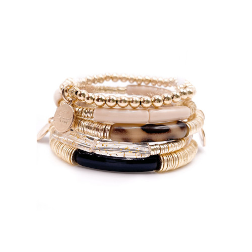 Non-Tarnishing Gold filled, 5mm Gold Ball, Brushed Gold Disc and Acrylic Stretch Bracelet Stack, 5 Pieces