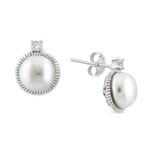 EFFY® Cultured Freshwater Pearl (9 mm) & White Topaz (1/20 ct. t.w.) Stud Earrings in Sterling Silver