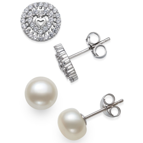 2-Pc. Set Cultured Freshwater Pearl (7mm) & Cubic Zirconia Stud Earrings in Sterling Silver