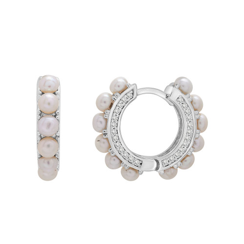 Cultured Freshwater Pearl (3mm) & White Topaz Hoop Earrings in Sterling Silver