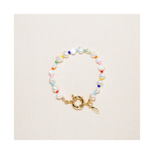 18K Gold Plated Freshwater Pearls with Colored Glass Beads - Amber Bracelet 7" For Women and Girls