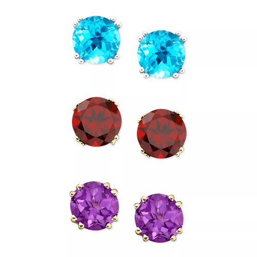 Semi-Precious Gemstone Round Stud Earrings in 14k White and Yellow Gold