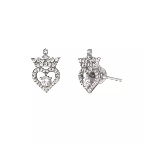 Cubic Zirconia Princess Tiara Heart Stud Earrings in Sterling Silver