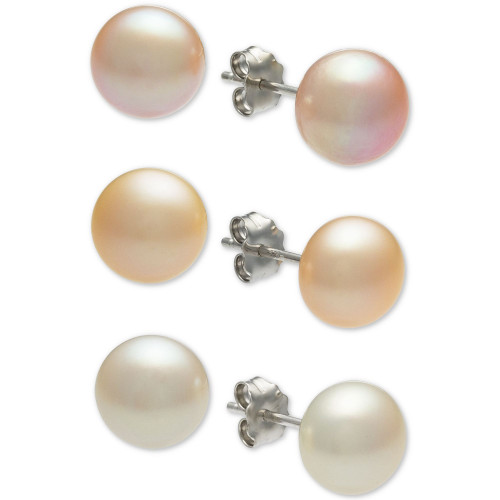 3-Pc. Set White, Pink & Peach Cultured Freshwater Button Pearl (8mm) Stud Earrings in Sterling Silver