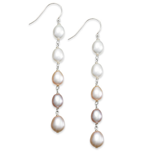 Multi-Colored Cultured Freshwater Pearl Linear Earrings in Sterling Silver (7mm)