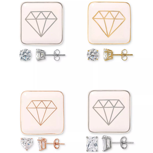 Cubic Zirconia Solitaire Stud Earrings with Ceramic Trinket Dish Collection, Created for Macy's