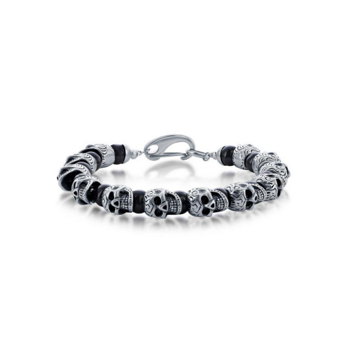 Mens Stainless Steel Genuine Onyx Skull Bracelet