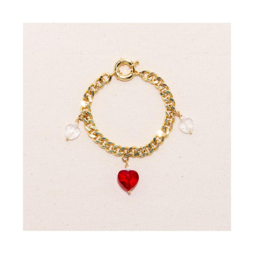 18K Gold Plated Freshwater Pearls Chunky Chain with Glass Red Heart Charm - Kokoro Bracelet 8" For Women and Girls