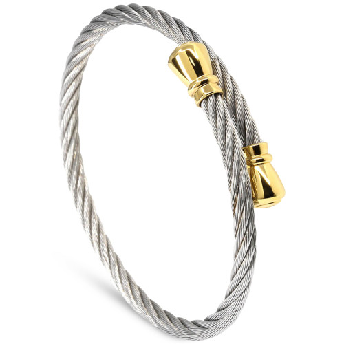 Cable & Cap Two-Tone Bypass Bangle Bracelet in Stainless Steel & Yellow Gold PVD