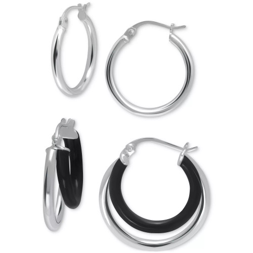 2-Pc. Set Polished and Black Enamel Small Hoop Earrings