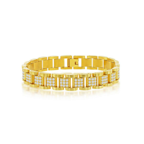Mens Stainless Steel CZ Square Link Bracelet - Gold Plated