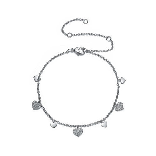 RA Rhodium Plated Cubic Zirconia Heart Charm Bracelet