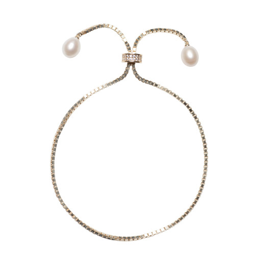 Cultured Freshwater Pearl (7 x 9mm) & Cubic Zirconia Box Link Bolo Bracelet in Sterling Silver