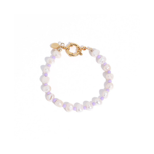 18K Gold Plated Freshwater Pearls with Purple Glass Beads - Taro Bracelet 10" For Women