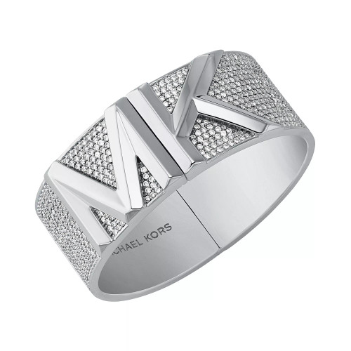 Platinum-Plated or 14K Gold-Plated Brass Wide Faceted MK Cubic Zirconia Pave Bangle