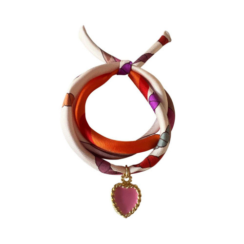 Pink Hand Printed Silk Twill Women's Bracelet Sterling Silver Gold Plated Enamel Love Charm