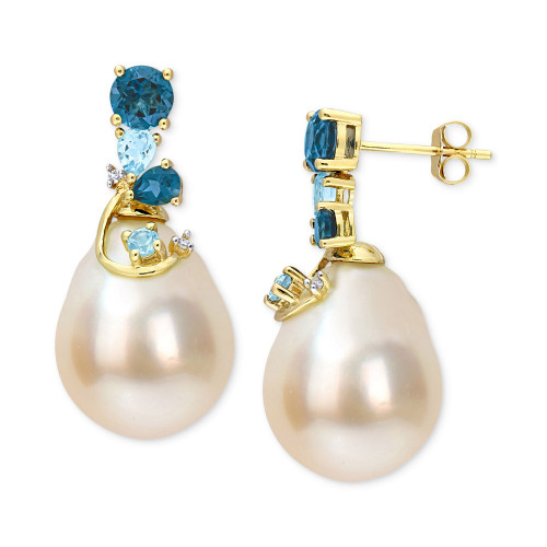 Cultured South Sea Pearl (9-10mm) & Blue Topaz (2 ct. t.w.), & Diamond Accent Drop Earrings in 14k Gold