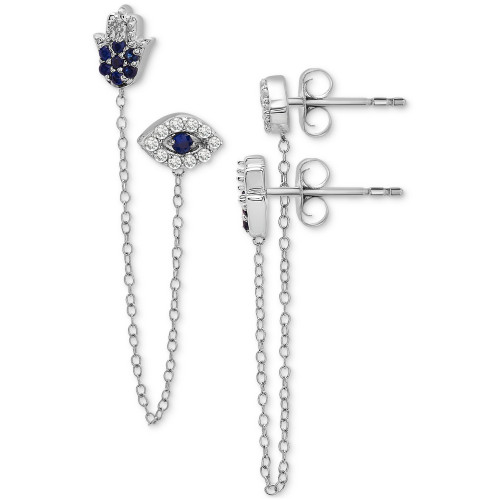 Lab-Created Blue Sapphire (1/4 ct. t.w.) & Lab-Created White Sapphire (1/4 ct. t.w.) Evil Eye & Hamsa Hand Double Pierced Chain Earrings in Sterling Silver