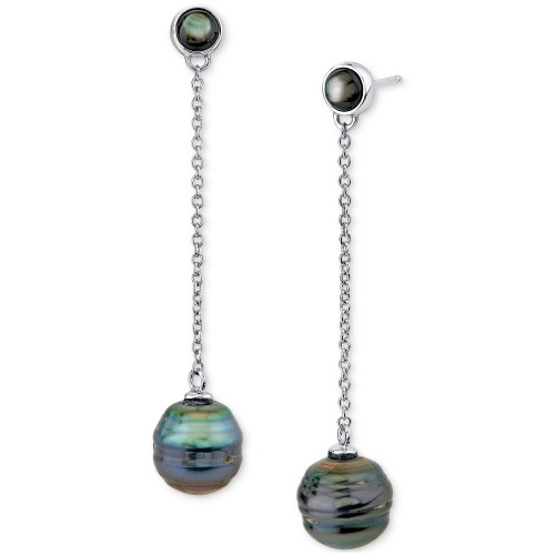 Cultured Tahitian Baroque Pearl (10mm) & Black Mother Of Pearl Chain Drop Earrings in Sterling Silver