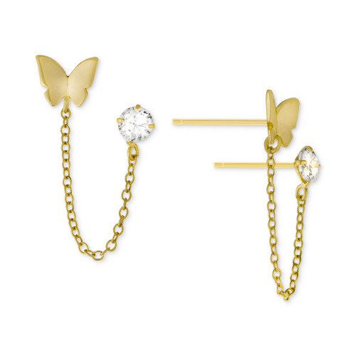Cubic Zirconia & Butterfly Double Piercing Chain Earrings in Gold-Plated Sterling Silver, Created for Macy's