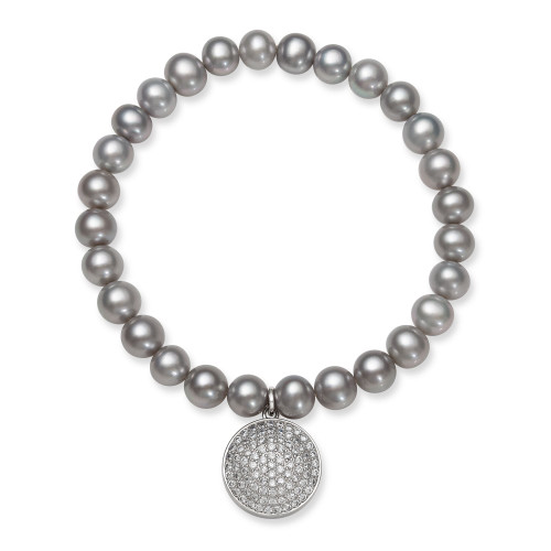Gray Cultured Freshwater Pearl (7-8 mm) and Cubic Zirconia Stretch Bracelet with Charm in Sterling Silver