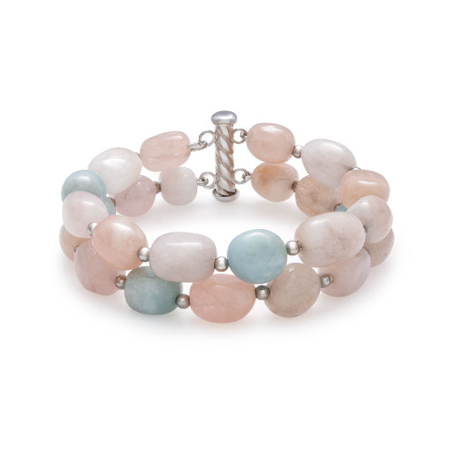 Baroque Shaped Multi-Color Morganite 14X10mm Double Row 7.5" Bracelet in Sterling Silver