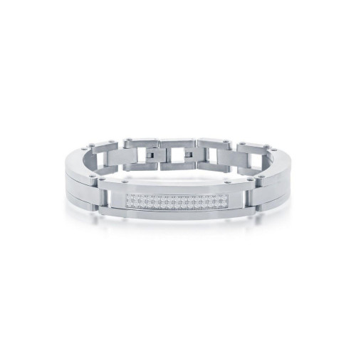 Mens Stainless Steel Micro Pave CZ ID Link Bracelet