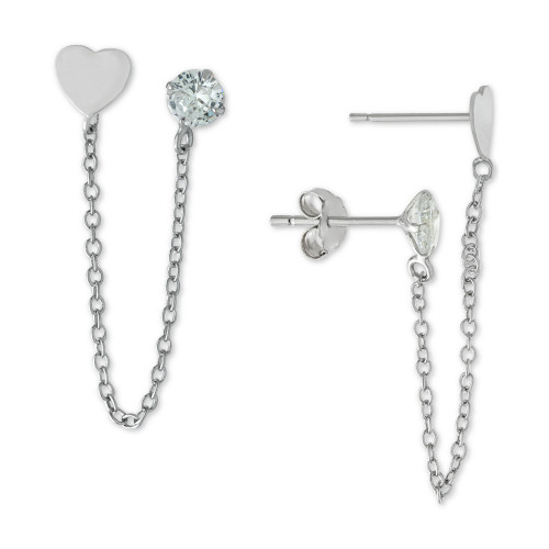 Cubic Zirconia Heart Double Pierced Chain Drop Earrings in Sterling Silver, Created for Macy's