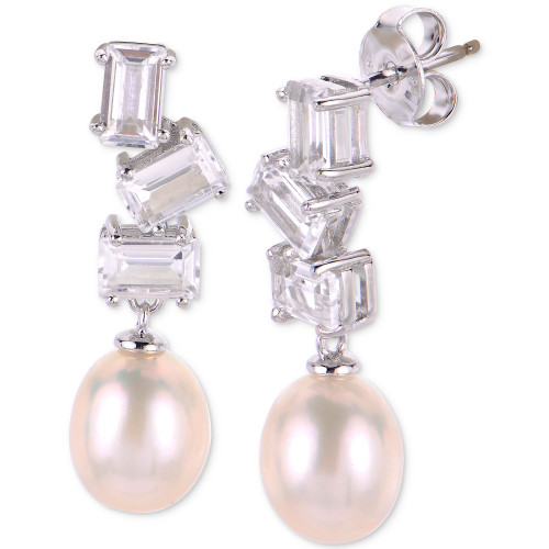Cultured Freshwater Rice Pearl (7mm) & Lab-Created White Sapphire (2-1/10 ct. t.w.) Drop Earrings in Sterling Silver