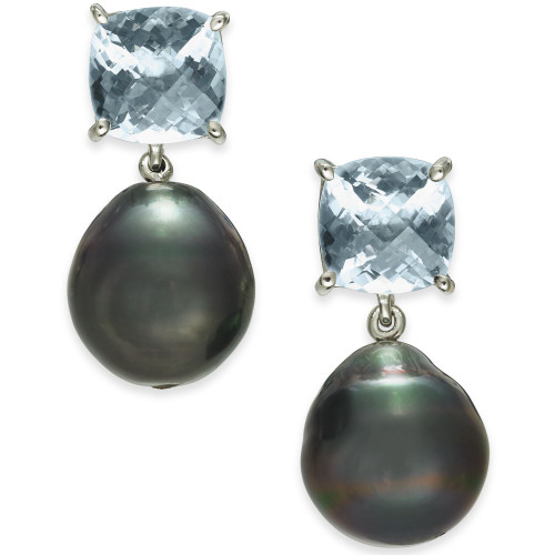 Cultured Tahitian Pearl (12mm) & Aquamarine (5 ct. t.w.) Drop Earrings in Sterling Silver