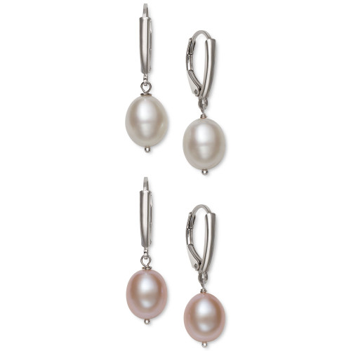 2-Pc. Set White & Pink Cultured Freshwater Pearl (8mm) Drop Earrings in Sterling Silver