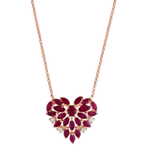 EFFY® Ruby (2-1/3 ct. t.w.) & Diamond (1/8 ct. t.w.) Heart Cluster 18" Pendant Necklace in 14k Rose Gold